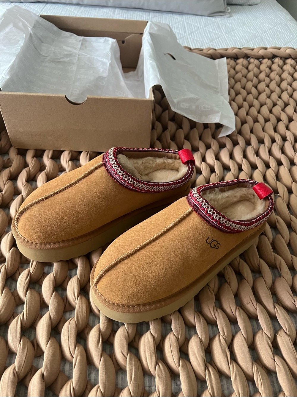UGG Chestnut Mule Slippers with Red Trim